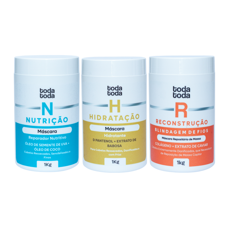 Kit com 3 Máscaras Capilares de 1kg Cada - Nutrição, Reconstrução e Hidratação